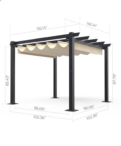 Image of KYBOLT 10'X10' Aluminum Pergola with Retractable Pergola Canopy, Lawn Shade Shelter for Backyard, Outdoor Party, Garden, Grill Gazebo, Deck (Khaki)