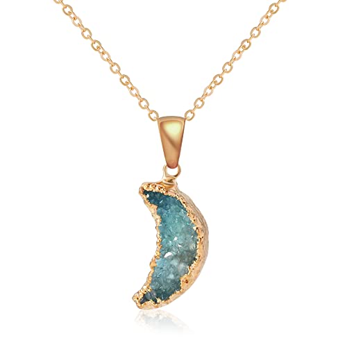 Miss Right Healing Crystal Druzy Crescent Moon Necklace For Women Teen Girls, Dainty Minimalist Bohemian Cute Chakra Geode Necklaces Aesthetic (Gold/Emerald Green Moon) #TOP28