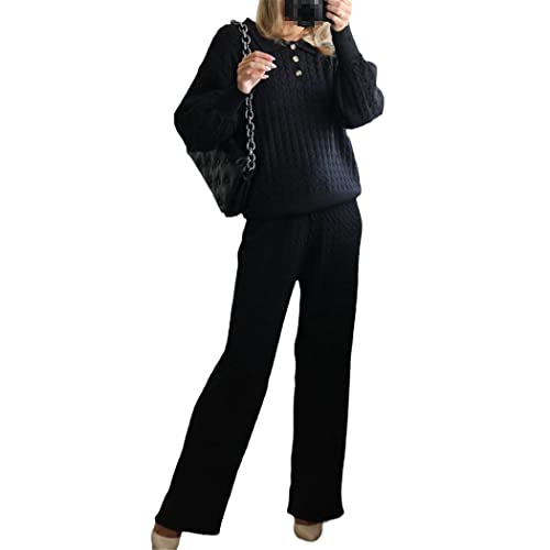 Survêtement drapé à jambes larges confortable ensemble pull maille fluide noir