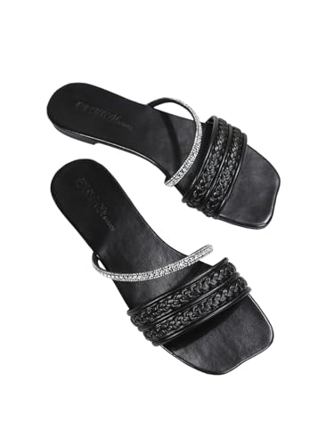 Image of GORGLITTER Women's Rhinestone Sparkly Flat Sandals Glitter Strappy Wedding Braided Prom Leather Square Toe Slide Shoes