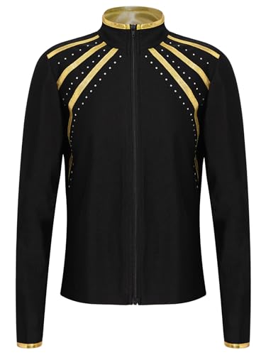 Kaerm Kids Girls Long Sleeve Figure Skating Gymnastics Jacket Shiny Rhinestones Metallic Striped Zipper Sweatshirt Coat