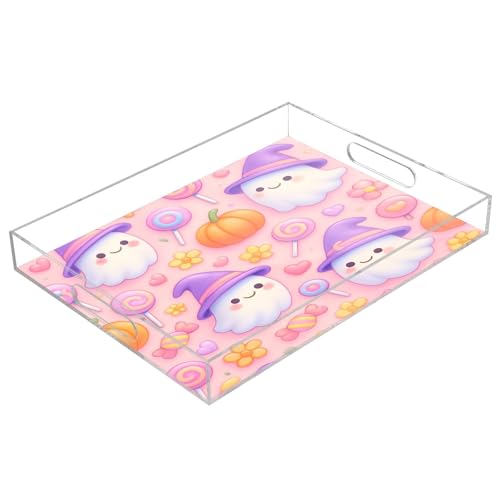 BOESI Cute Ghosts and Pumpkins Acrylic Decorative Dining Tray, Acrylic Decorative Tray Organizer with Handle for Kitchen, Dining Room, Bathroom, Dresser