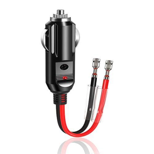12V/24V Car Cigarette Lighter Plug with LED Indicator 15A Fuse Protection Power Adapter for DC Devices Male to Female Terminal Cable 5.9inch Lead for Auto Accessories (Black)