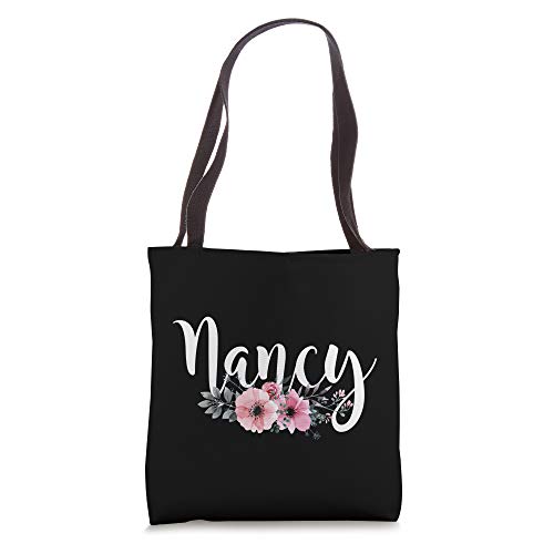 Bolso tote personalizado para mujer y niña con nombre Nancy y diseño floral en rosa y negro miniatura 1