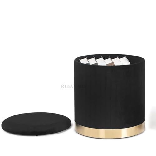 Image of Round Velvet Luxurious Storage Ottoman, Pouf with Storage Vanity Stool Chair,Upholstered Foot Rest Stool with Gold Strip Base for Living Room or Bedroom (Black, Medium- 36Dx36Wx40H)