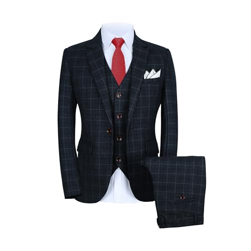 Mens One Button Slim Fit Three Piece Checked Suit Blazer+Waistcoat+Pants