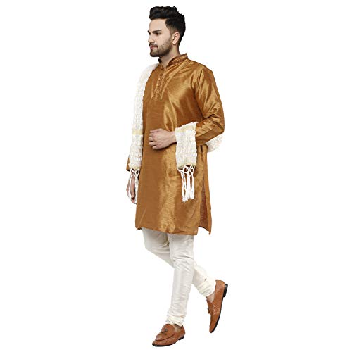 Image of SKAVIJ Men's Art Silk Embroidered Kurta Pyjama Scarf Set 3-Piece Woven Design Festive Party Dress