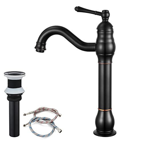 New Arrivals Bathroom Vessel Sink Faucet Oil Rubbed Bronze with POP UP Drain Single Lever Handle 1 Hole Bowl Sink Mixer Tap Deck Mount Tall Spout Lavatory Vanity
