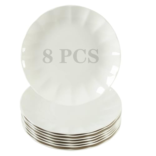 BABALIU 10.5 Inch Porcelain Large Dinner Plates Set of 8,White Round Petal Appetizer Salad Plates, Ceramic Dinnerware Serving Plate for Pancakes, Steak, Pasta, Pizza, Microwave, Dishwasher Safe