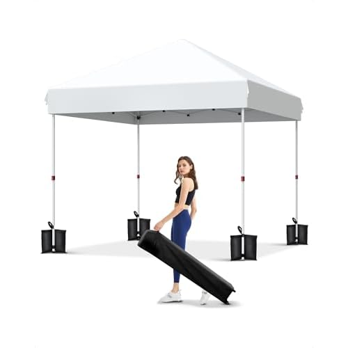 GarveeLife 10x10 Pop Up Canopy with One Button Push Setup - Heavy Duty Outdoor Canopy Tent with Portable Roller Bag - 3 Adjustable Height, 4 Weight Bags, 8 Stakes & 4 Guy Ropes Included, Whi