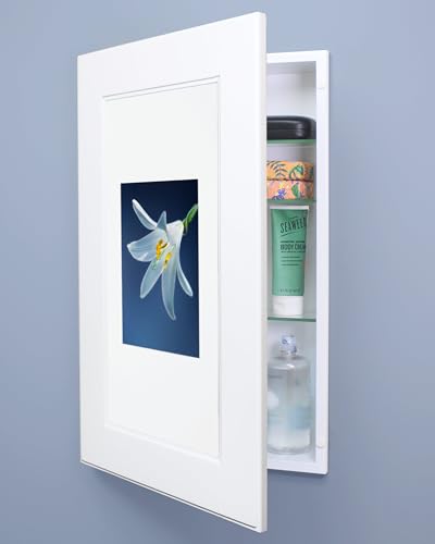 Image of 14x24 Concealed Picture Frame Medicine Cabinet Without Mirror for Bathroom, Recessed in The Wall, Made in North America, Real Wood, NO MDF, Adjustable Shelves, Shaker White