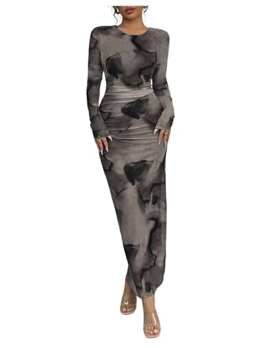 GORGLITTER Women's Tie Dye Bodycon Pencil Long Dresses Long Sleeve Crewneck Ruched Elegant Wedding Guest Dress Grey X-Large