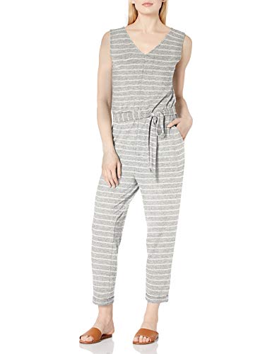 Amazon Brand - Daily Ritual Women's Cozy Knit Sleeveless Tie-Waist Jumpsuit, Heather Grey Marl/White Stripe, X-Large