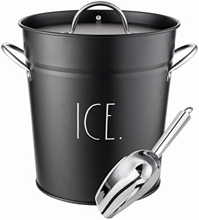 Rae Dunn Ice Bucket with Scoop - Stainless Steel Bucket with Handle, Lid and Ice Scooper - 4 Qt. Storage Bin for Ice Cubes for Bars, Parties, Backyard Barbeques, Picnics, and Camping (Black)