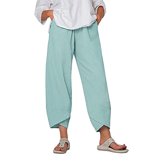 Dreamyth Womens Capri Pants,Womens Casual Summer Pocket Cotton Linen Pants Loose Harem Comfy Yoga Pants Print Cropped Trouser, Mint Green, Large