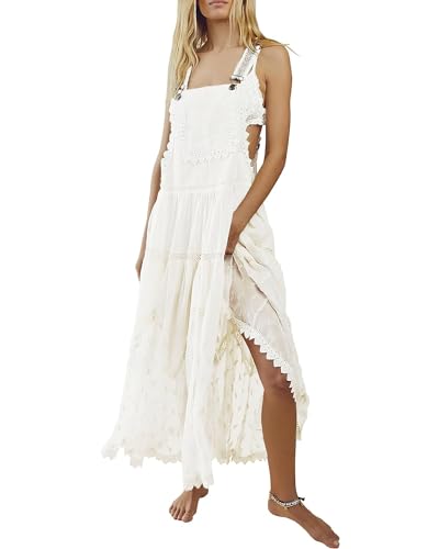Image of Women's Laced Embroidered Tulle Boho Dress Casual Loose Adjustable Straps Bib Maxi Dress