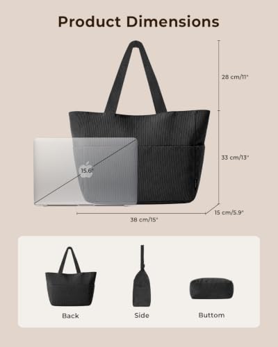 Image of Batfield Large Tote Bag for Women with Zipper & 9 Compartments, Casual Corduroy Shoulder Bag, Lightweight Foldable Travel Handbag for College, Work, Shopping & Daily Use