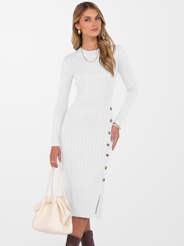 ANRABESS Womens 2025 Fall Long Sleeve Midi Dress Ribbed Knit Bodycon Fitted Button Down Wedding Guest Slit Sweater Dresses