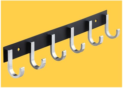 Image of Aluminium Cloth Hanger for Wall, Clothes Hook Hangers Door Mounted, Bathroom Hooks for Hanging Towel, Wall Mount Shirt Hangers, Dress Holder Hooks - 6 Pin-XL, Pack of 1, Black and Silver