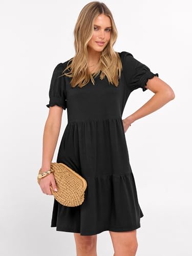 Image of ANRABESS Women Summer Square Neck Puff Short Sleeve Mini Dress 2026 Casual Flowy Sundress Beach Vacation Clothes with Pockets