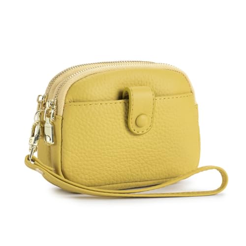 Genuine Leather Mini Wallet for Women Small Wristlet Clutch Double Zippers Coin Kids Wallet Gift Green One Size(Yellow)