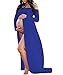 Navy Blue Maternity off Shoulder Long Sleeve Chiffon Gown Split Front Maxi Pregnancy Photography Dress for Photoshoot and Baby Shower
