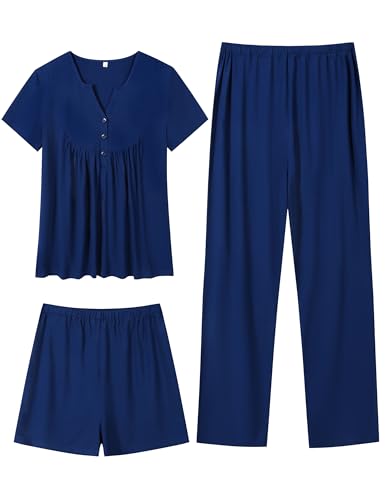 Image of SWOMOG Women's Maternity Nursing Pajama Set 3 Pieces Breastfeeding Sleepwear Set Short Sleeve Pregnancy Pj Set & Pants