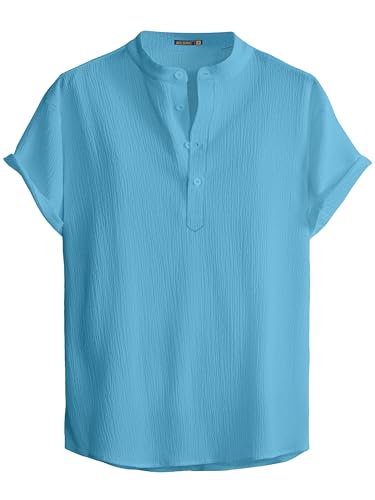 Image of Men Shirt | Black Solid Textured Casual | Regular Fit | Short Sleeve | Mandarin /Chinese Collar | Cotton Fabric | Stylish Office Summer Wear Shirt for Men