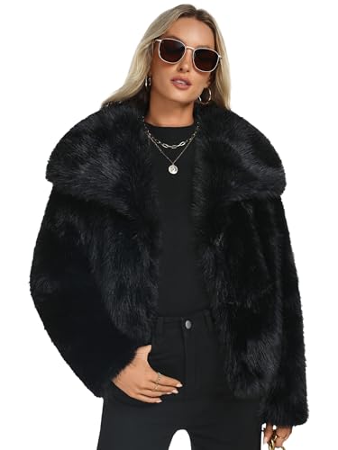 Image of Funlingo Womens Cropped Faux Fur Coat Winter Casual Lapel Long Sleeve Shaggy Jacket Warm Outerwear Black S