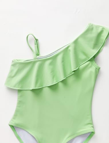 Image of IBTOM CASTLE Girls Swimsuit with Skirt Cover up One Shoulder Straps Ruffle One Piece Bathing Suit Swimwear 5-14Y