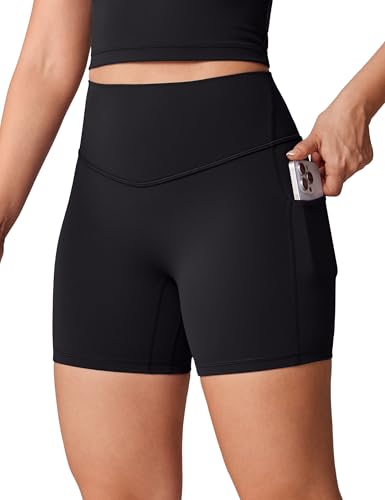 Hugcurve No Front Seam High Waisted Biker Shorts Women with Pockets 5 Inches Tummy Control Buttery Soft Yoga Pants Gym