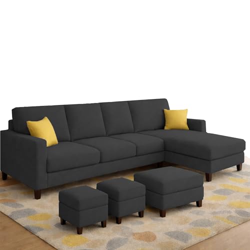 Image of Casaliving Rolando Seater L Shape Sofa Set for Living Room Left Side (Black, 6 Seater with Ottomon - RHS)