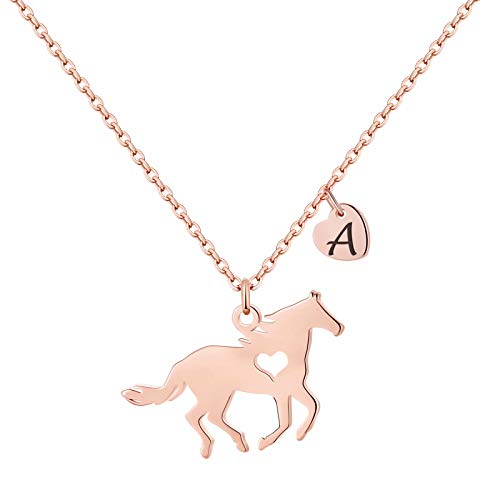 MONOOC Horse Gifts for Girls Necklace - Stainless Steel Dainty Horse Pendant Heart 26 Initial A-Z Necklaces for Women Girl