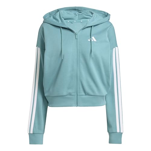 adidas Damen Essentials 3-Stripes French Terry Full Zip Hoodie, Powder Teal/White, XL