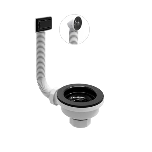 Válvula Fregadero 1” 1/2 x 115 mm Universal con Cesta color negro – 2 Rebosaderos Incluidos – Desagüe Cocina Antifugas Alta Resistencia – Fácil Instalación – FLUVIA
