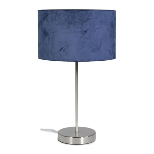 Image of ValueLights | Modern Single Stem Brushed Chrome Table Lamp with a Navy Blue Velvet Drum Shade | Table Lamps, Home Décor & Improvement Essential | Included LED Bulb