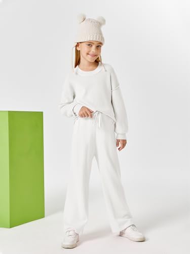 Image of Haloumoning Girls 2 Piece Outfits Kids Long Sleeve Crewneck Sweater Drawstring Wide Leg Long Pants Sweatsuits Sets 5-14T