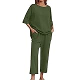 Completo Donna Estivo Leggera Elegante Tute Cotone E Lino Casual Curvy Tuta 2 Pezzi Maglietta Maniche Corte E Pantaloni Gamba Larga Set Coordinati Estivo Completi Taglie Forti Larghi Casa Spiaggia