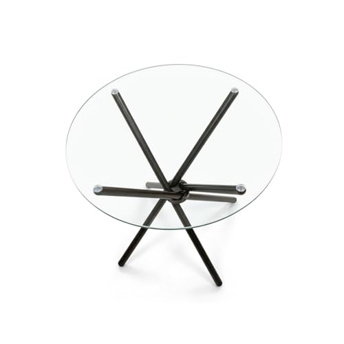 Image of Round Glass Dining Table 30 Inch Diameter with 10 mm Toughened Clear Glass Top Folding Stainless Steel Grade 202 Frame Compact Table for Kitchen Dining Room Balcony Cafe (Black Powder Coated)