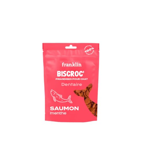 FRANKLIN – Friandises Dentaire pour Chat – Snack croustillant Saumon & Menthe – Haleine Fraiche – Anti-Tartre – Soin Dentaire – sans céréales – pour Chaton, Adultes & Senior – Sachet Recyclable – 50g