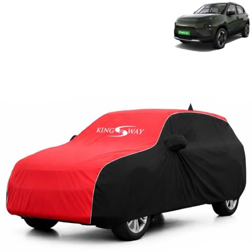 Image of KINGSWAY Super Waterproof Car Cover Only with Tata Punch EV (Year 2024 Onwards - All Model) | Mirror and Antenna Pockets | All Weather Car Body Cover with Silver Piping | Black Red