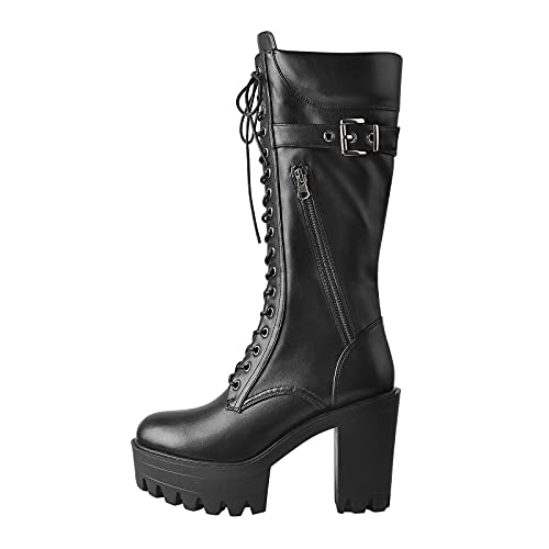 richealnini Platform Biker Riding Boots for Women Front Lace Up Punk Boots with Side Zipper and Block Heels
