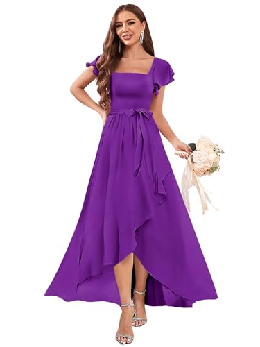 OFEECHUN Women's Square Neck Chiffon Bridesmaid Dresses with Sleeves Ruffle High Low Evening Formal Dress
