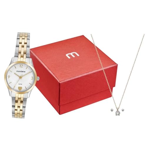 Mondaine Kit Relógio Feminino Prata e Dourado Detalhe Coração Com Semijoias 32795LPMKBE3K1