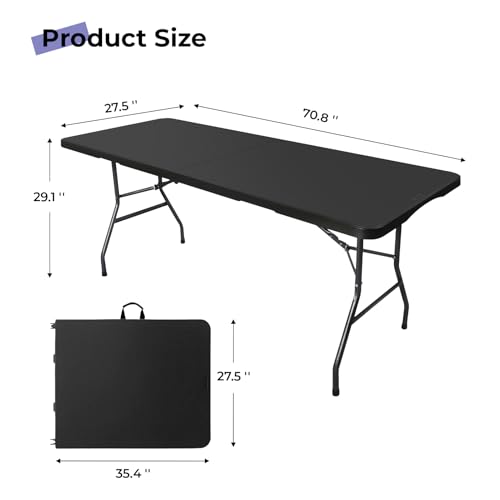 Image of Folding Table 6ft, Heavy Duty Portable Utility Table with Handle, Black