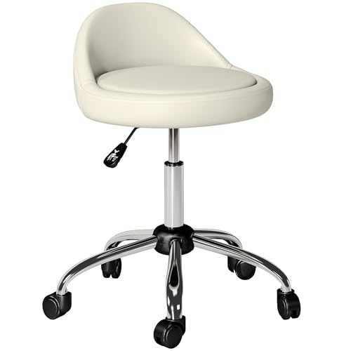 HOMCOM Tabouret à roulettes Tabouret de Travail pivotant 360° Hauteur réglable 53-73 cm Tabouret de Bureau revêtement synthétique Blanc