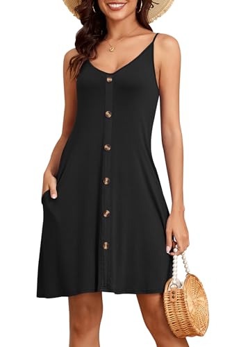 NARRAME Vestidos de Mujer con Tirantes Finos y Cuello en V Vestido de Verano Informal sin Mangas Vestido de Playa básico con Bolsillos Negro XL