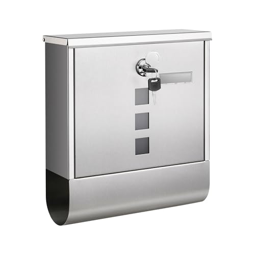 SONGMICS XXL Briefkasten, Edelstahl mit Zeitungsfach, Schloss mit Kupfer-Schließzylinder und drehbarer Abdeckung, Sichtfenster, Namensschild, einfache Montage, 11 x 37 x 37 cm, silbern GMB120E01