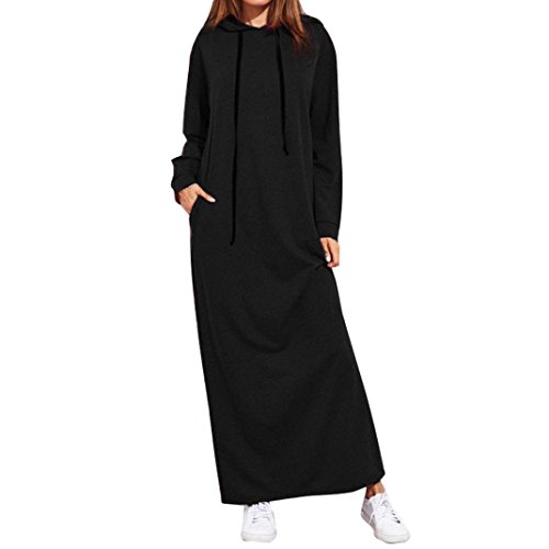 Leyorie Pure Long Sweatshirt, Women Drawstring Maxi Dress Long Sleeve Hooded Ladies Casual Hoodie Pure Long Tunic Dress (Black, L)