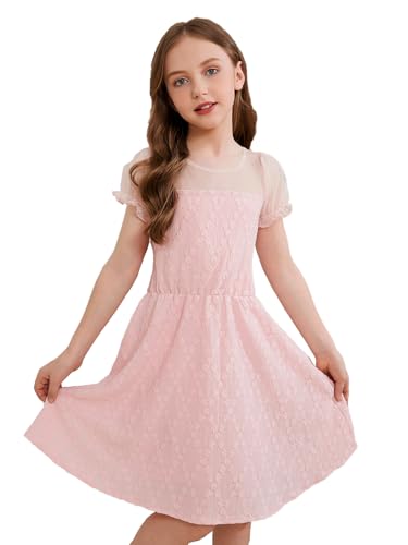 Girls Dresses Formal Wedding Party Dress Summer Kids Lace Embroidery Casual Puff Sleeve Mesh A Line Dresses 5-14 Years